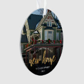 フォト初めてのクリスマス新しいホーム金ゴールドスクリプト オーナメント (正面)