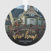 フォト初めてのクリスマス新しいホーム金ゴールドスクリプト オーナメント (裏面)