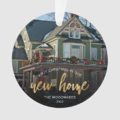 フォト初めてのクリスマス新しいホーム金ゴールドスクリプト オーナメント (正面)