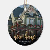 フォト初めてのクリスマス新しいホーム金ゴールドスクリプト セラミックオーナメント (左)