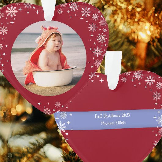 フォト初めてのクリスマス男の赤ちゃんかわいい雪赤いハート オーナメント