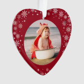 フォト初めてのクリスマス男の赤ちゃんかわいい雪赤いハート オーナメント (正面)