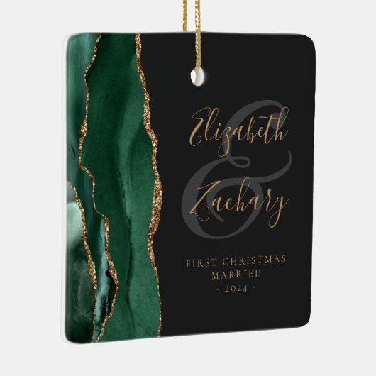 フォト初めてのクリスマス結婚したエメラルドAgate金ゴールド セラミックオーナメント (右)