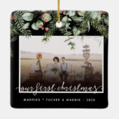 フォト初めてのクリスマス結婚した冬緑 セラミックオーナメント (裏面)