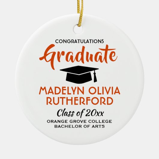 フォト卒業おめでとうオレンジブラックとホワイト セラミックオーナメント (正面)