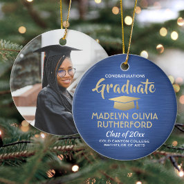 フォト卒業おめでとうブラシ付き青金ゴールド白 セラミックオーナメント