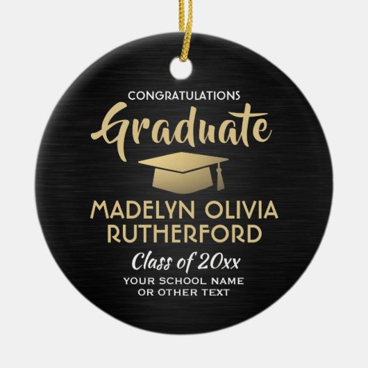 フォト卒業おめでとうブラシ付き黒金ゴールド白 セラミックオーナメント (正面)