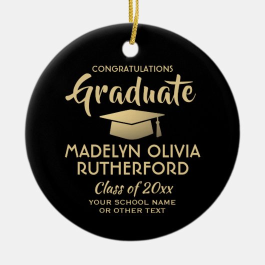 フォト卒業おめでとうモダンブラックと金ゴールド セラミックオーナメント (正面)