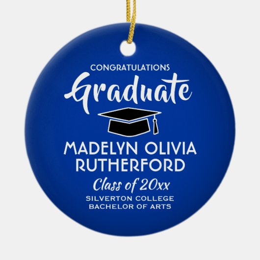 フォト卒業おめでとう王室のブルーホワイトブラック セラミックオーナメント (正面)