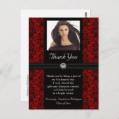 フォト卒業サンキューカードブラック/レッドダマスク ポストカード (正面/裏面)