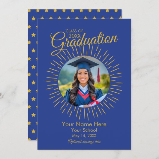 フォト卒業スター発表(青と金ゴールド) 案内状 (正面/裏面)