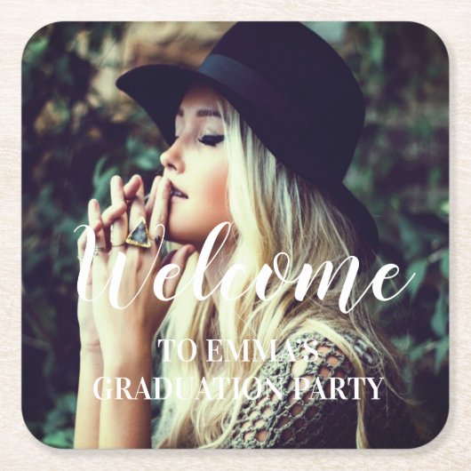 フォト卒業タイポグラフィパーティーの好意 スクエアペーパーコースター (正面)