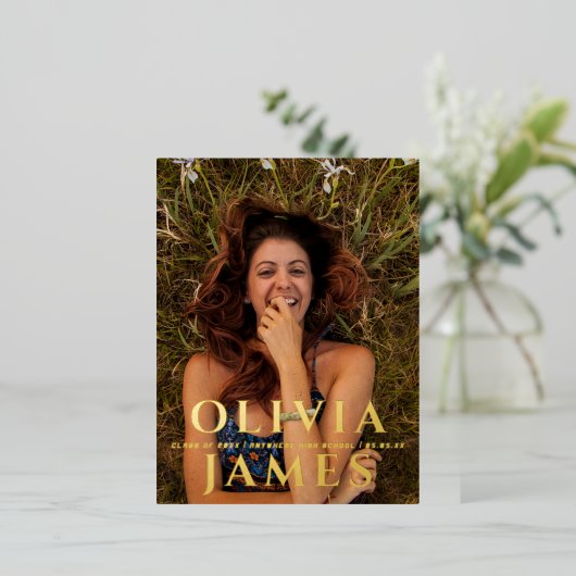 フォト卒業パーティーの招待はがき 箔シーズンポストカード (立ち正面)