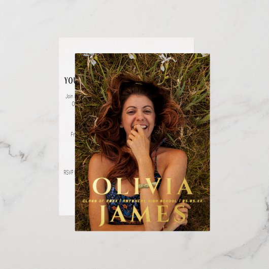 フォト卒業パーティーの招待はがき 箔シーズンポストカード (正面/裏面)