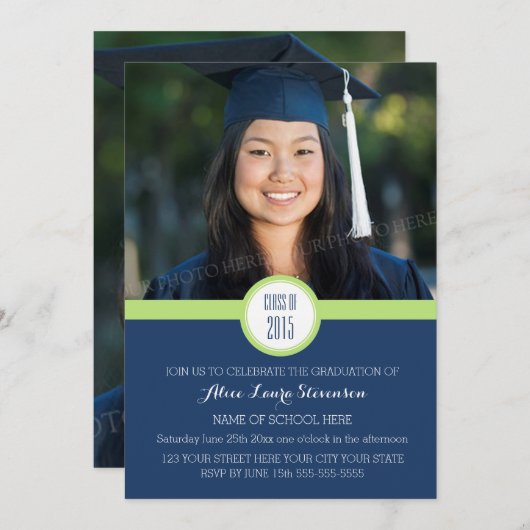 フォト卒業パーティー招待状ブルーライムグリーン 招待状 (正面/裏面)
