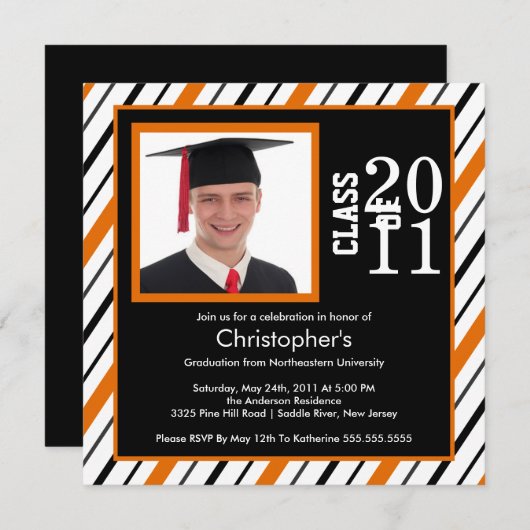 フォト卒業招待状オレンジブラックストライプ 招待状 (正面/裏面)