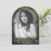 フォト卒業招待状ブラック&金ゴールドフローラ 招待状 (スタンド正面)