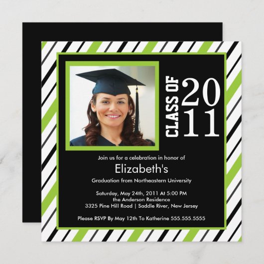 フォト卒業招待状ライムブラックストライプ 招待状 (正面/裏面)
