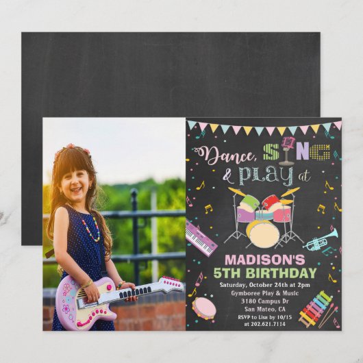 フォト可 - 女の子の音楽の誕生日 チョーク 招待状 (正面/裏面)