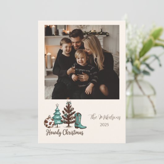 フォト女性のカーボーイ素朴ハウディクリスマス シーズンカード (スタンド正面)