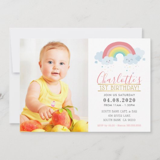フォト子供の誕生日パーティーカラフルパステルレインボー 招待状 (正面)