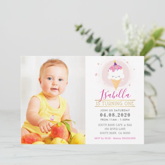 フォト子供の誕生日パーティーカラフル甘アイス 招待状 (スタンド正面)