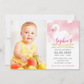 フォト子供の誕生日パーティースワンプリンセスかわいいピンク 招待状 (正面)
