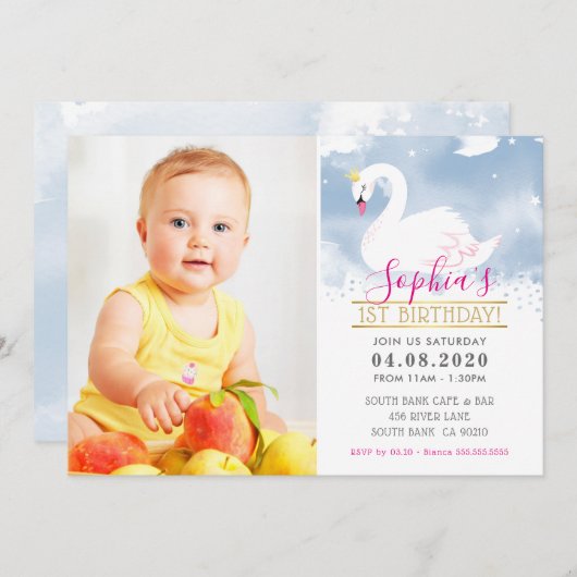 フォト子供の誕生日パーティースワンプリンセスブルーピンク 招待状 (正面/裏面)