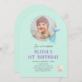 フォト子供の誕生日招待状、紫ティール（緑がかった色） 招待状 (正面/裏面)