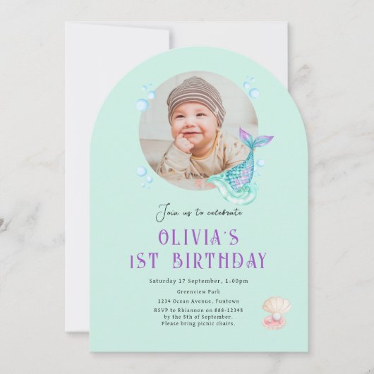 フォト子供の誕生日招待状、紫ティール（緑がかった色） 招待状 (正面)