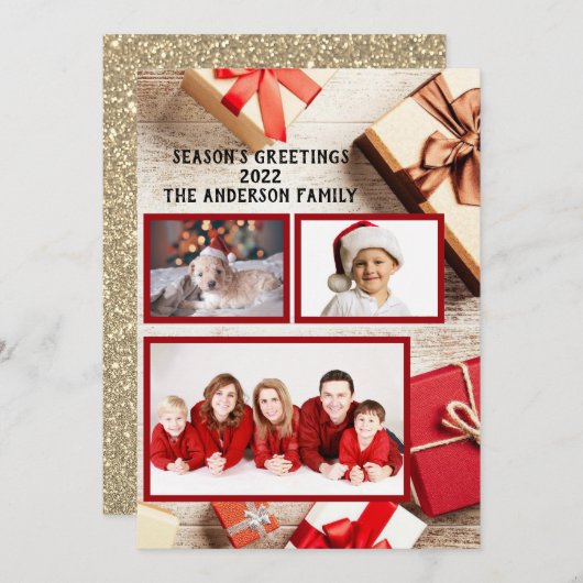 フォト季節のごあいさつ赤素朴ギフトパッケージ シーズンカード (正面/裏面)