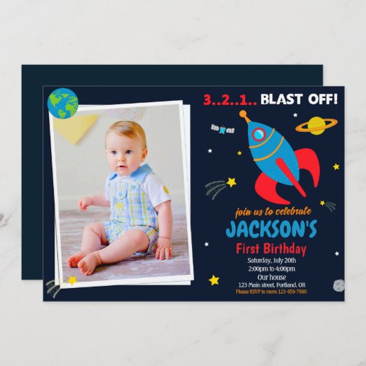 フォト宇宙ロケット誕生日の招待ボーイ 招待状 (正面/裏面)