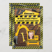 フォト建築誕生日パーティーツールとディガー 招待状 (正面/裏面)