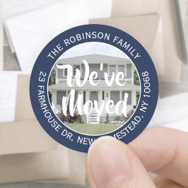 フォト引っ越しましたネイビーブルー差出人住所ラベル ラウンドシール