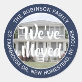 フォト引っ越しましたネイビーブルー差出人住所ラベル ラウンドシール (正面)