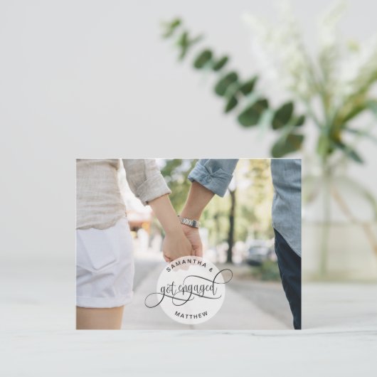 フォト得円形ロゴスクリプト、婚約 案内ポストカード (スタンド正面)