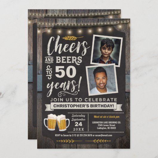 フォト応援とビアーズ50誕生日招待状 招待状 (正面/裏面)