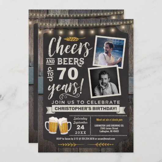 フォト応援とビアーズ70誕生日招待状 招待状 (正面/裏面)