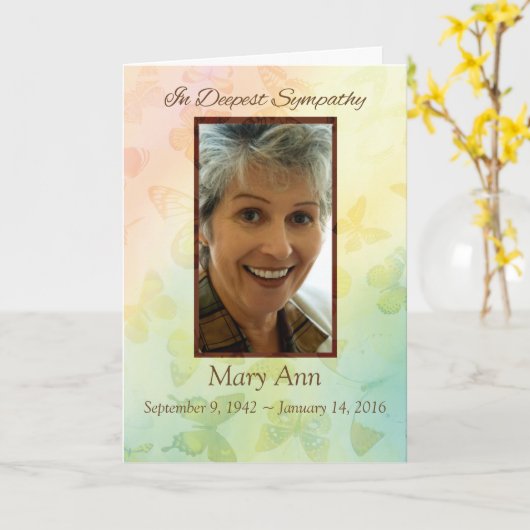 フォト悔やみや弔慰カスタマイズ可能な名前と日付, Butterf カード (黄色い花)