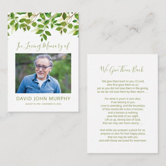 フォト悔やみや弔慰メモリアル祈りの言葉 コーリングカード (正面/裏面)