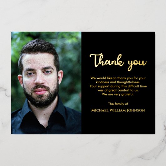 フォト悔やみや弔慰死別葬式ブラック金ゴールド 箔招待状 (正面)