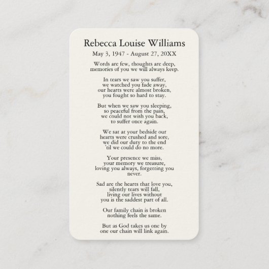 フォト悔やみや弔慰葬儀記念カード 名刺 (裏面)