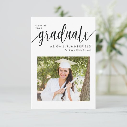 フォト手書きスクリプトの卒業発表 サンキューカード (スタンド正面)