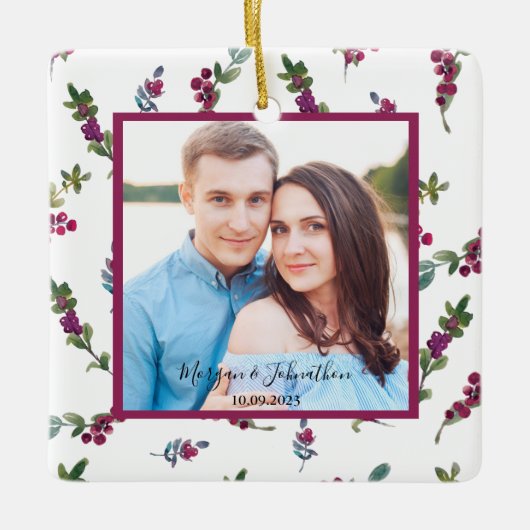 フォト手書きスクリプトウィンターベリー セラミックオーナメント (正面)