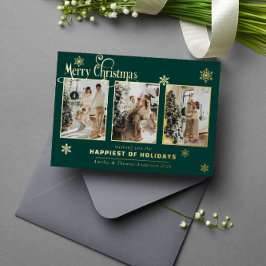 フォト数々のコラージュ深いグリーンゴールドフォイルスノー 箔シーズンカード