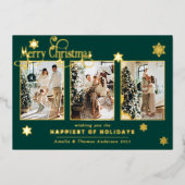 フォト数々のコラージュ深いグリーンゴールドフォイルスノー 箔シーズンカード (正面)