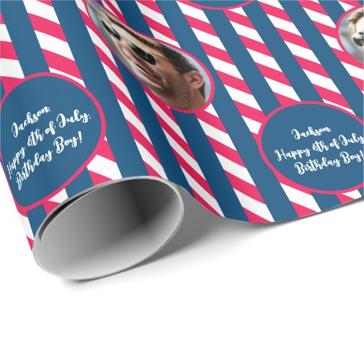 フォト文字レッドブルーホワイト7月4日ストライプの ラッピングペーパー (ロールコーナー)