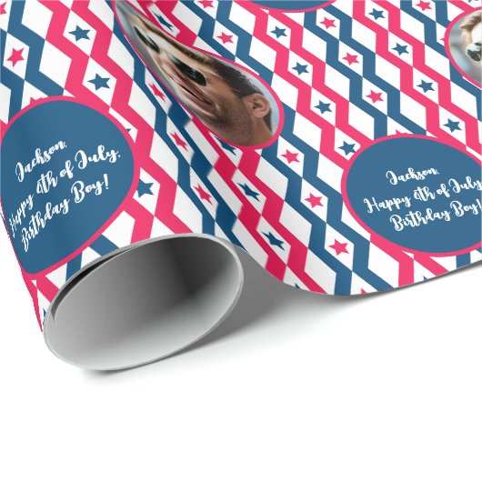 フォト文字レッドブルーホワイト7月4日ダイヤモンド ラッピングペーパー (ロールコーナー)