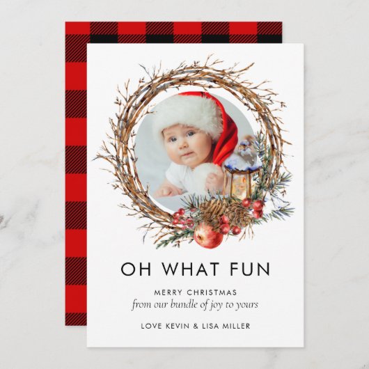 フォト新生児モダンファミリークリスマスリース シーズンカード (正面/裏面)