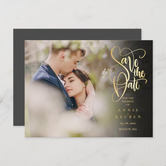 フォト日付のモダン金ゴールドスエレガントクリプト ポストカード (正面/裏面)